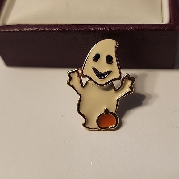 Halloween White Ghost Pin With Orange Pumpkin Lapel Enamel Collectible Men Women - Picture 2 of 4